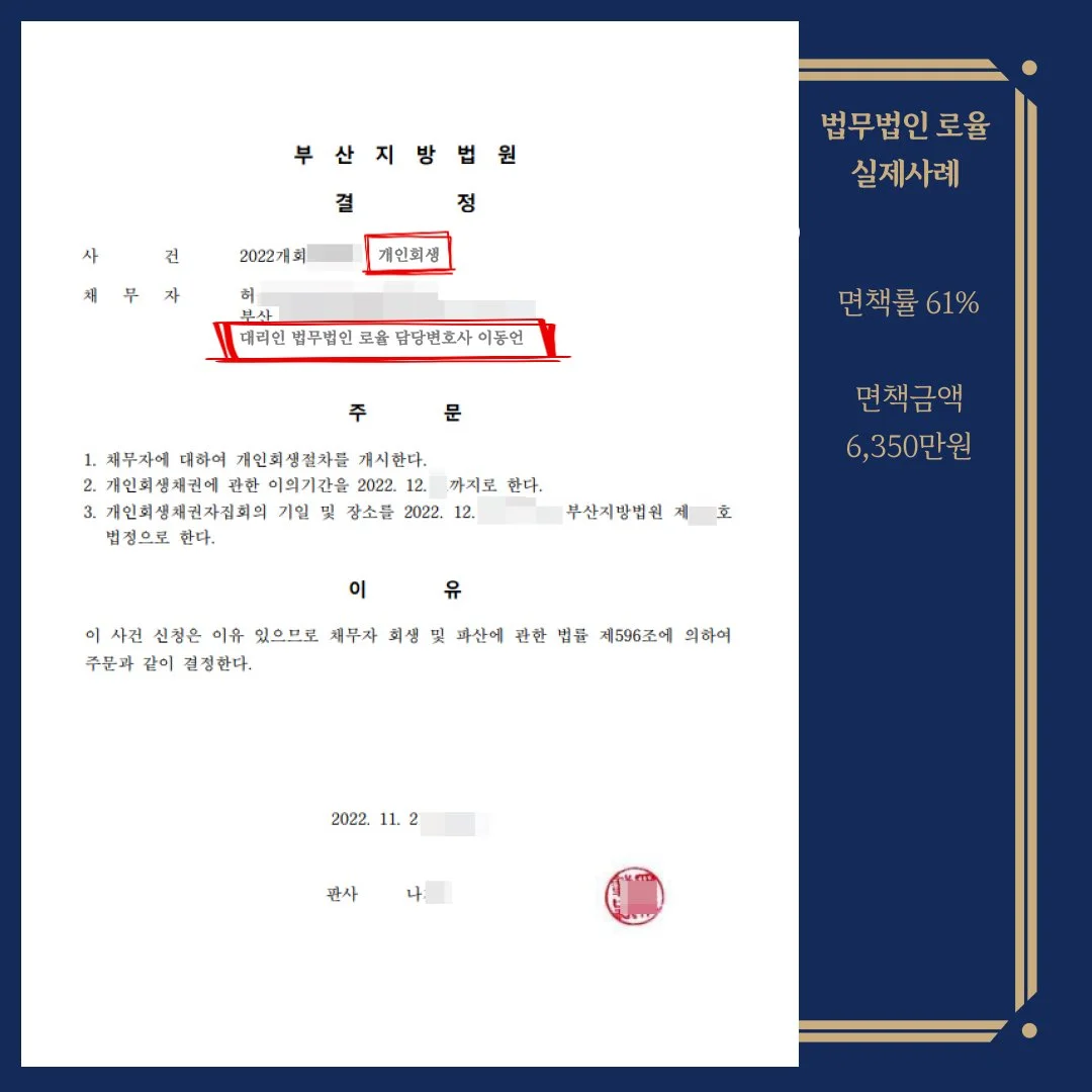 부산지방법원의 개인회생 개시 결정문 이미지. 61% 면책률과 6,350만 원 면책 성공 사
