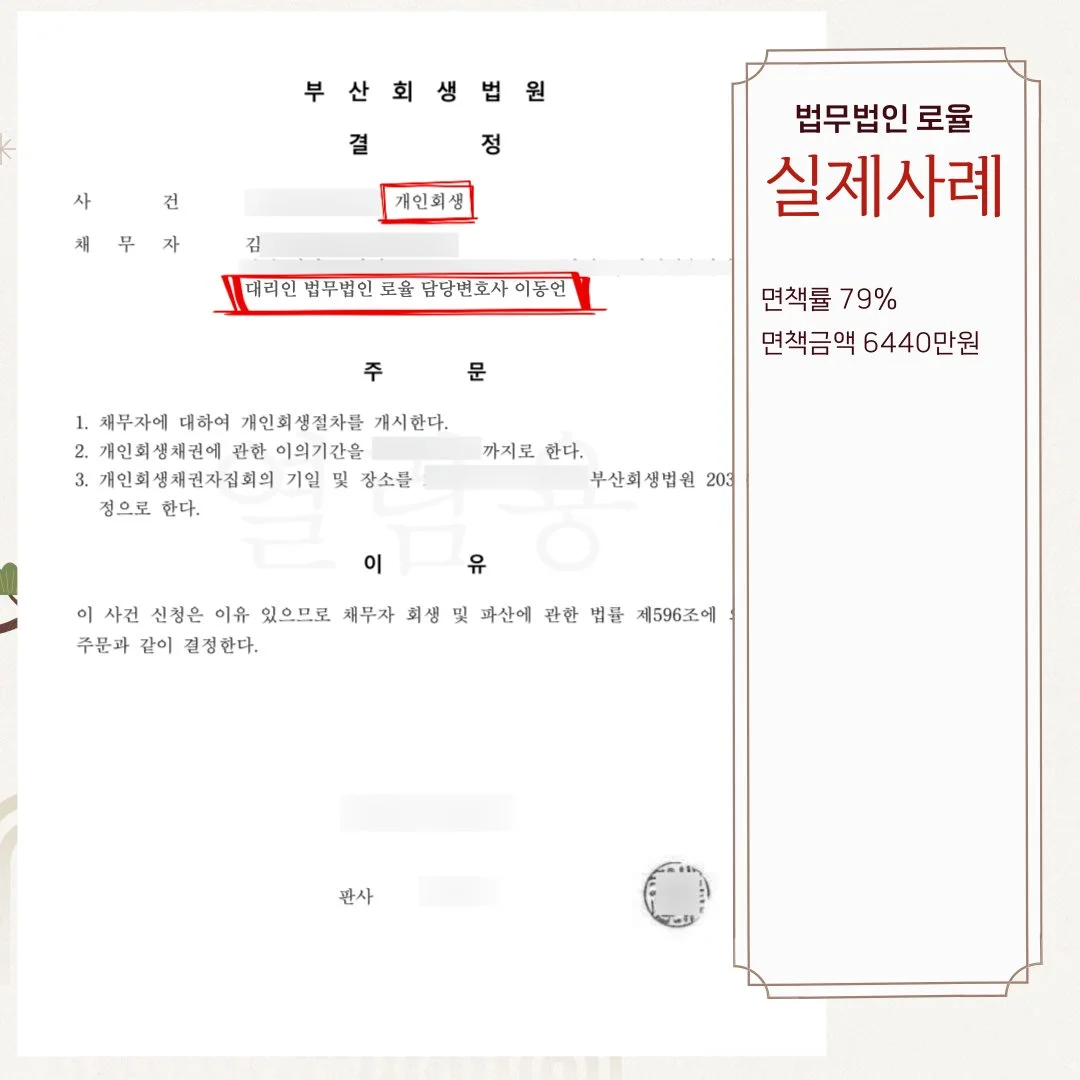 부산회생법원의 개인회생 개시 결정문 사례 이미지입니다. (면책률 79%, 면책금액 6440