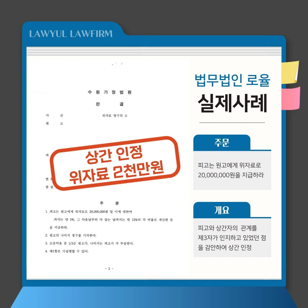 상간 위자료 2천만 원 인정 판결 사례를 소개하는 법률사무소 로율의 홍보 이미지입니다.