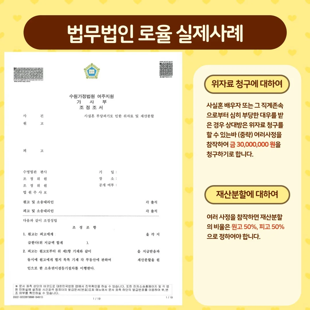 법률사무소 로율의 사실혼 부당 파기로 인한 위자료 및 재산분할 청구 소송 승소 조정조서 사례