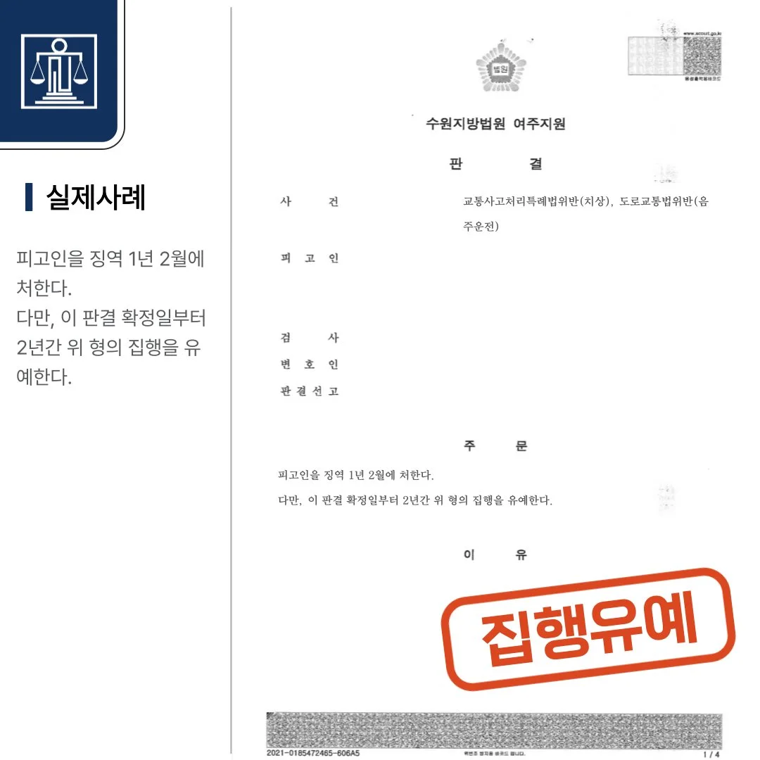 수원지방법원 여주지원의 교통사고 및 음주운전 판결문으로, 피고인에게 징역 1년 2개월, 집