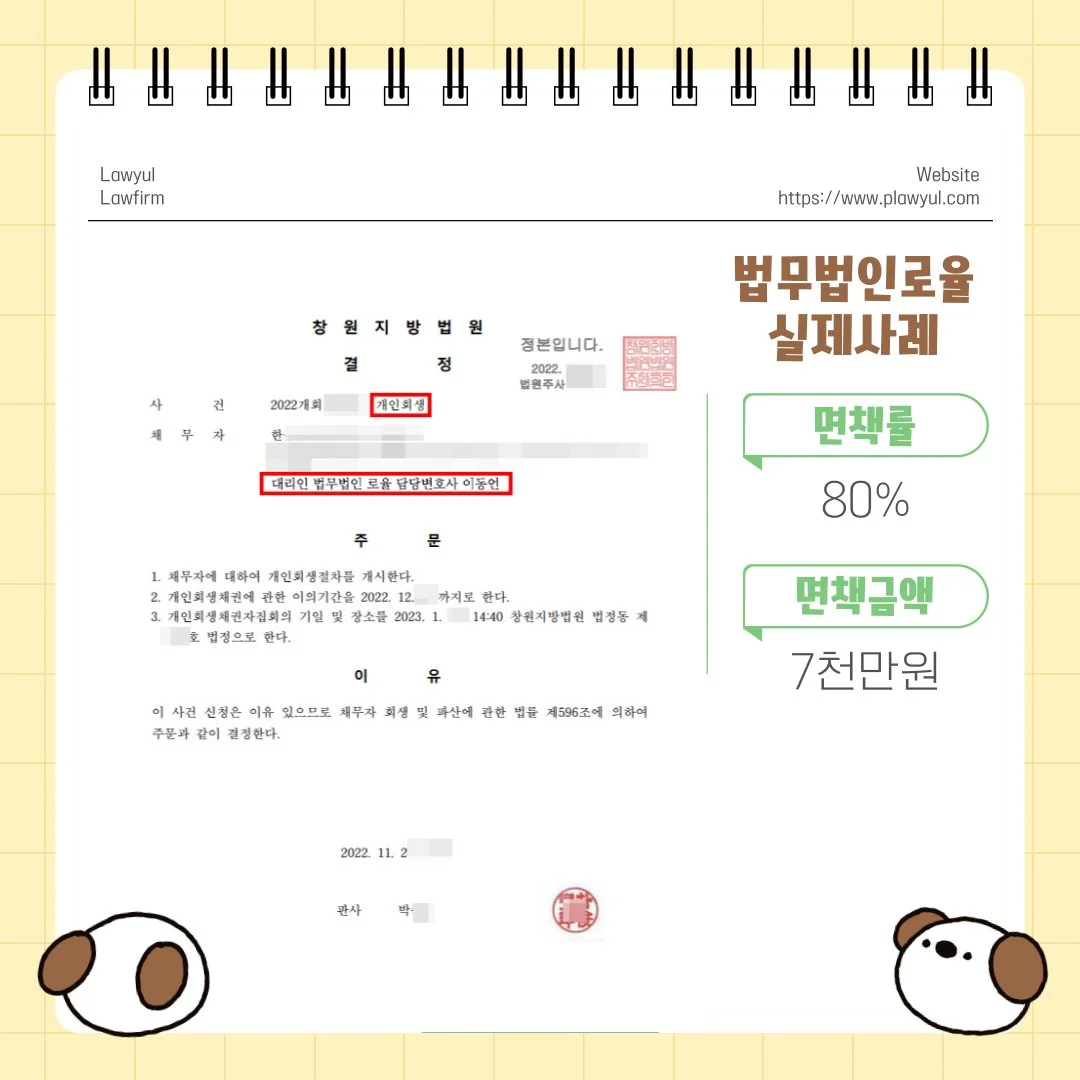 법률사무소 로율의 개인회생 성공 사례로, 면책률 80%와 면책금액 7천만 원을 달성한 법원 