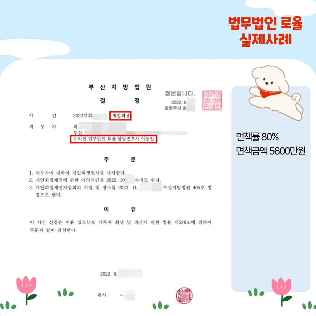 법률사무소 로율의 개인회생 성공 사례로, 면책률 80%와 면책금액 5,600만 원을 기록한 