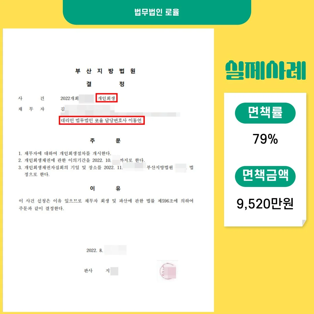 부산지방법원 개인회생 개시 결정문 사례입니다. 면책률 79%, 면책 금액 9,520만 원의