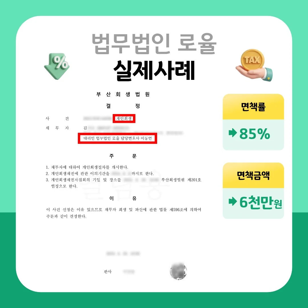 법률사무소 로율의 개인회생 성공 사례로 면책률 85%, 면책 금액 6천만 원을 달성한 법원 