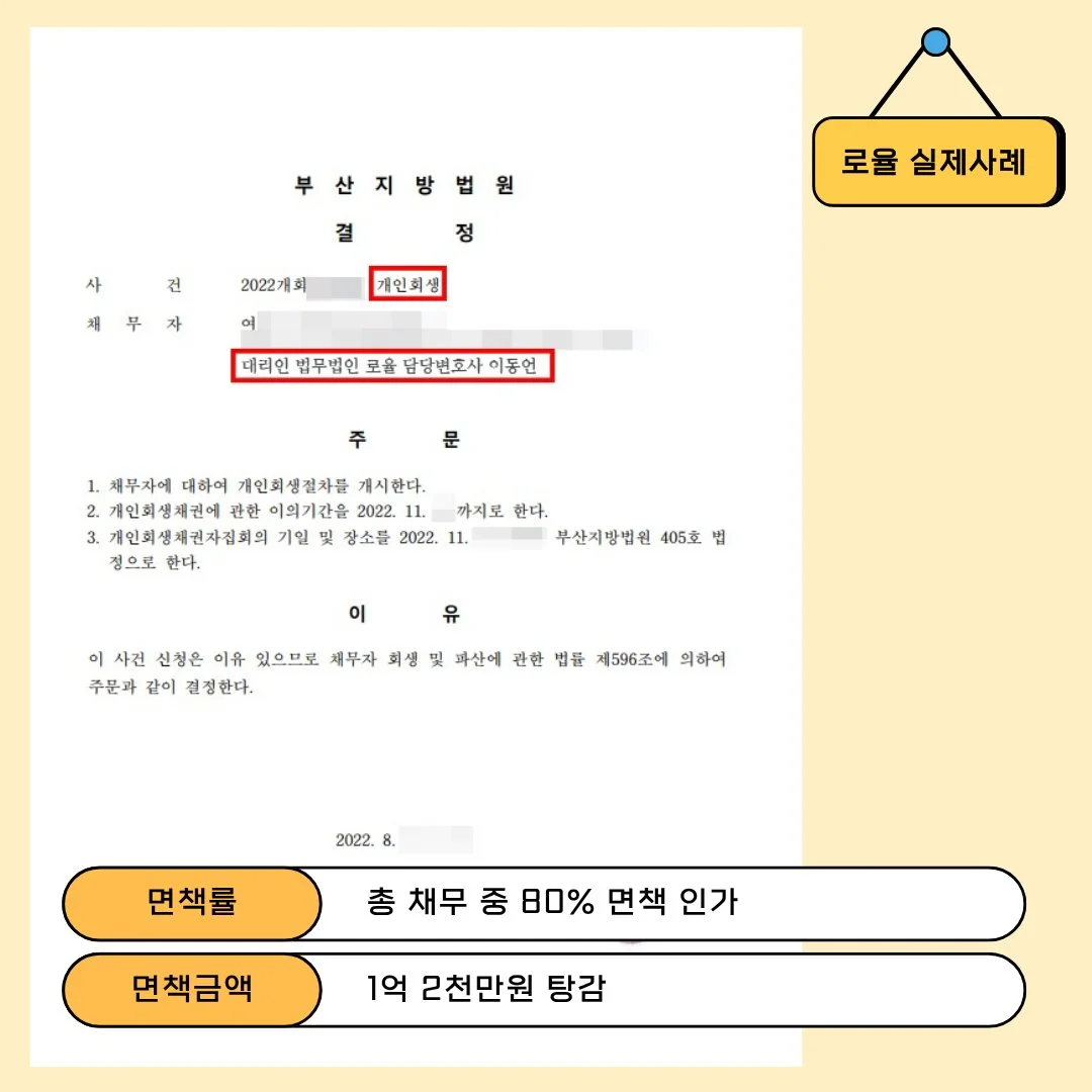 부산지방법원의 개인회생 개시 결정문. 총 채무의 80%인 1억 2천만 원 탕감 사례 안내.