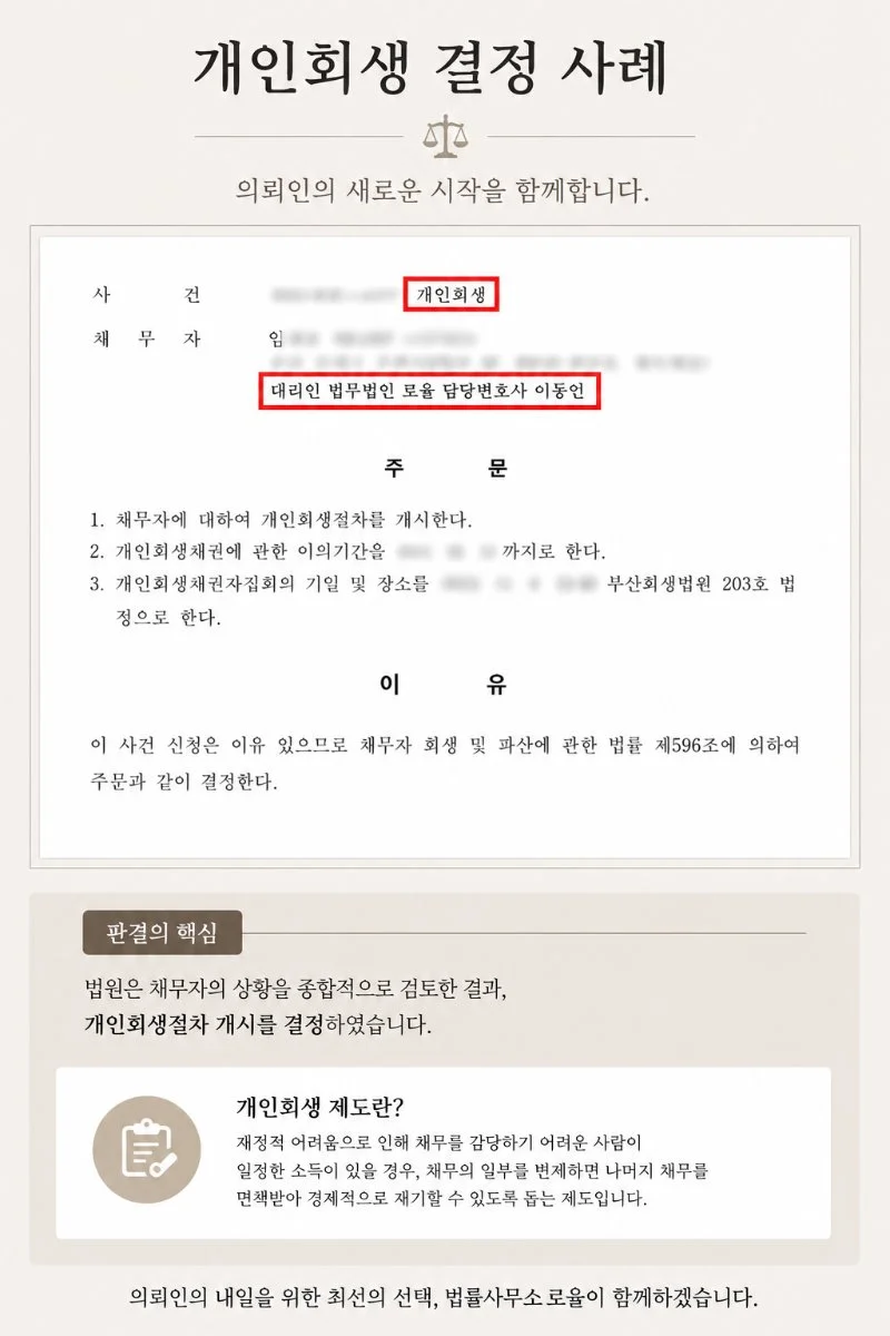 개인회생 개시 결정 실제 사례와 법률 사무소 로율의 전문성을 소개하는 안내 이미지입니다.