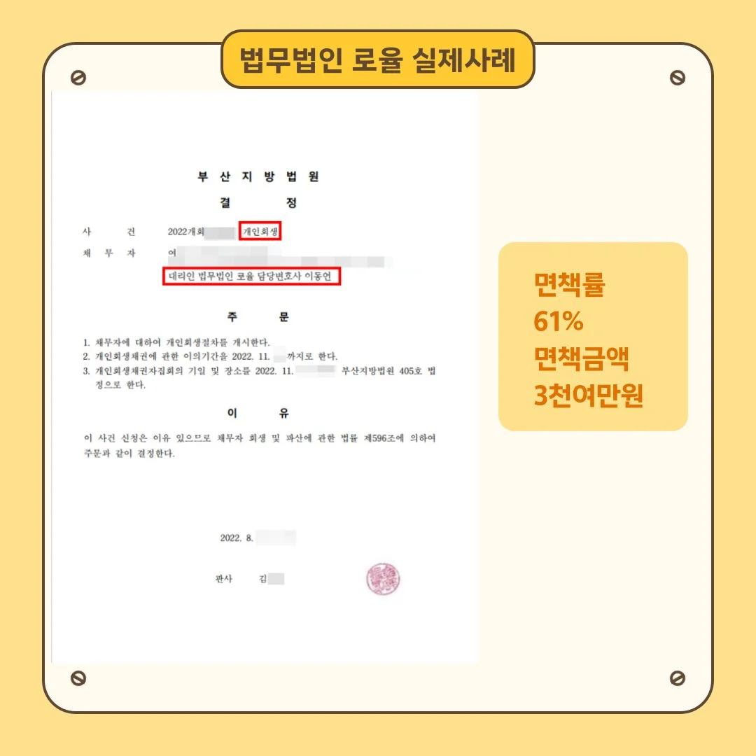 부산지방법원 개인회생 개시 결정문. 면책률 61%, 면책금액 3천여만 원 성공 사례 이미지