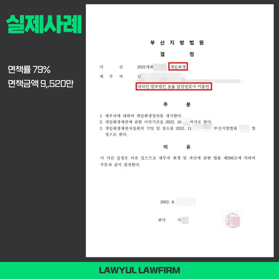 부산지방법원 개인회생 개시결정문 실제 사례 (면책률 79%, 면책금액 9,520만 원)