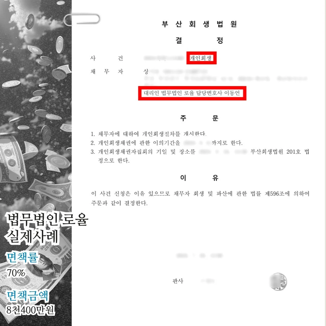 부산회생법원의 개인회생 개시 결정문 사례. 법률사무소 로율 대리, 면책률 70%, 면책 금액