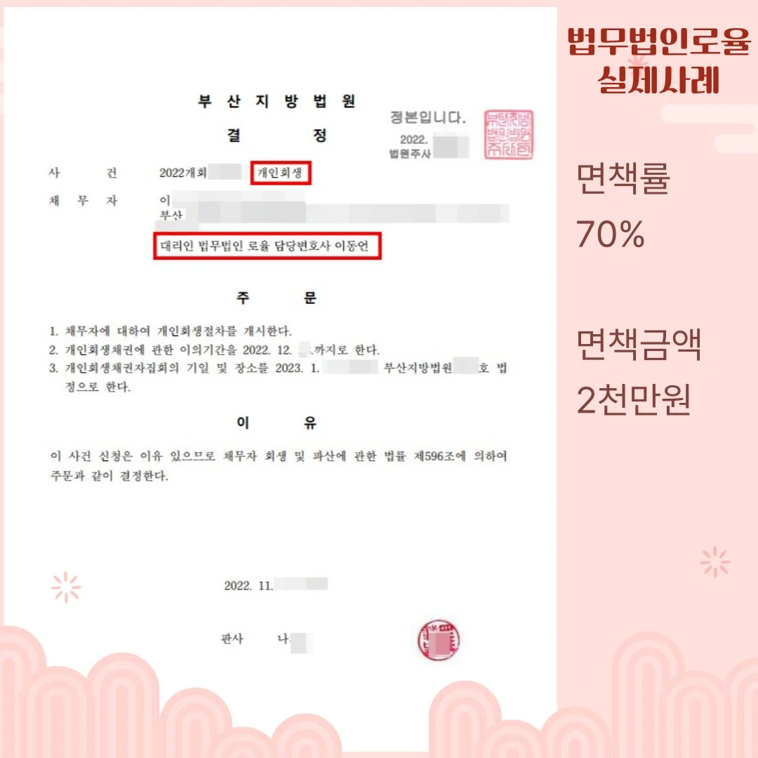 부산지방법원의 개인회생 개시 결정문 이미지로, 면책률 70%와 면책금액 2천만 원의 성과를