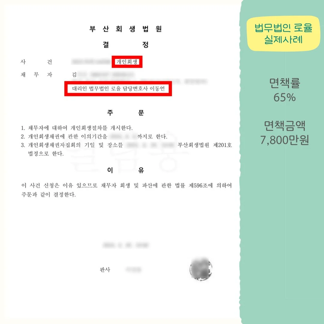 부산회생법원의 개인회생 개시 결정문 이미지입니다. 면책률 65%, 면책 금액 7,800만 