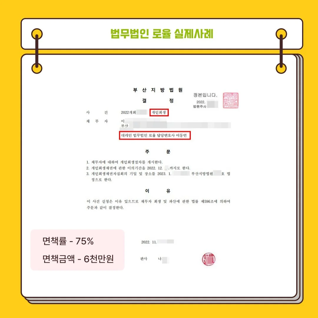 부산지방법원 개인회생 개시 결정문 사례. 법률사무소 로율 담당, 면책률 75% 및 6천만 원
