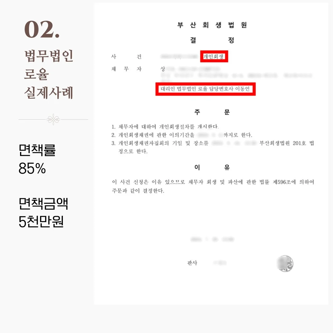 면책률 85%, 면책금액 5천만 원을 달성한 법률사무소 로율의 실제 개인회생 결정문 사례입니