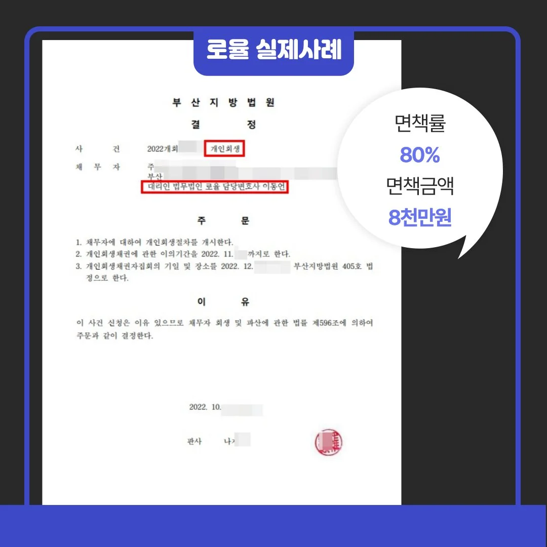 부산지방법원 개인회생 결정문. 면책률 80% 및 면책금액 8천만 원 성공 사례 안내.