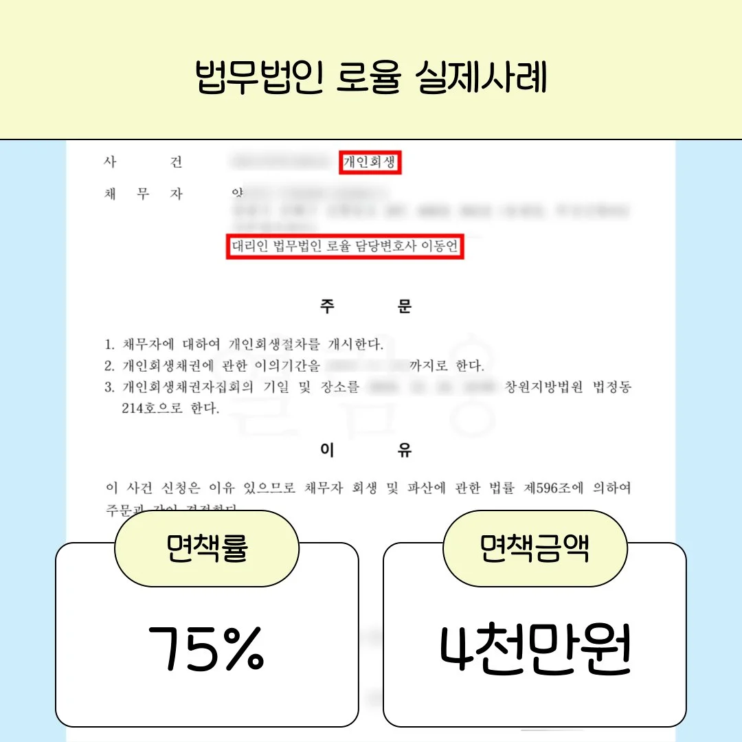 법률사무소 로율의 개인회생 성공 사례로 면책률 75%, 면책 금액 4천만 원을 달성한 법원 