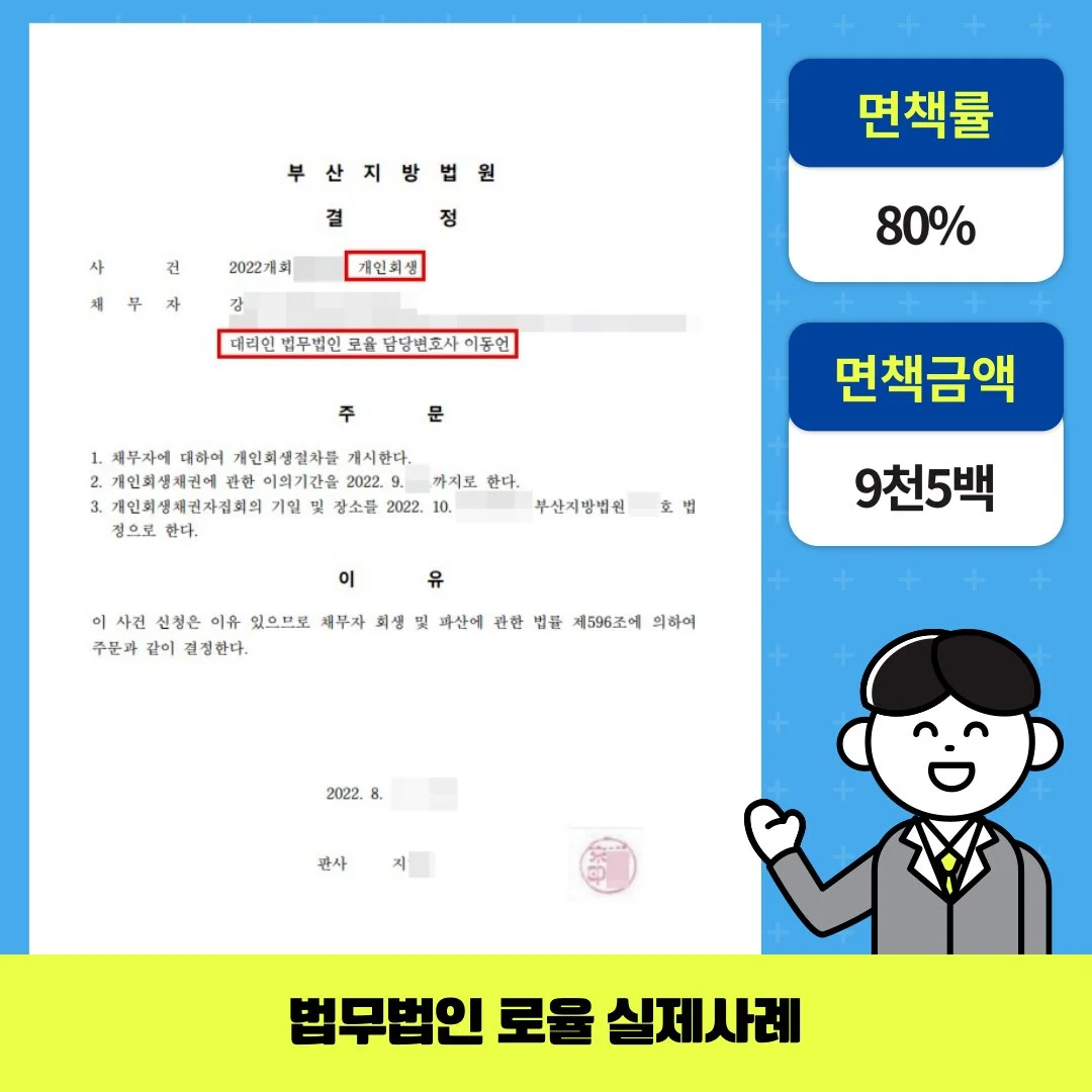 부산지방법원의 개인회생 결정문과 함께 면책률 80%, 면책금액 9천 5백만 원을 강조한 법