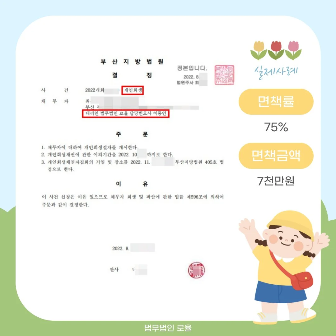 75% 면책률, 7천만 원 면책 성공 사례를 보여주는 법률사무소 로율의 개인회생 개시 결정문