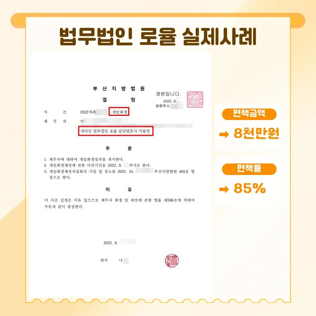 법률사무소 로율의 85% 면책 성공 사례로, 부산지방법원의 개인회생 개시 결정문 이미지입니다