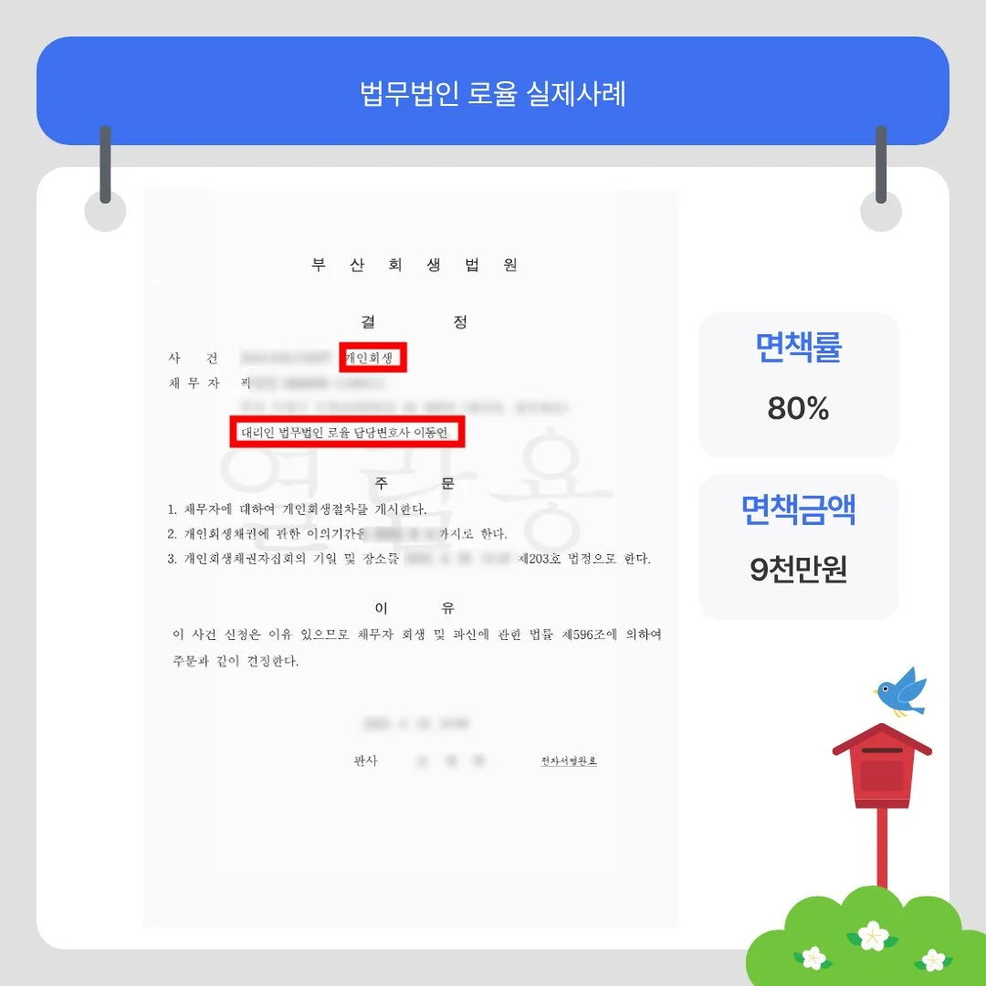 면책률 80%, 면책금액 9천만 원을 기록한 법률사무소 로율의 개인회생 성공 사례 법원 결정
