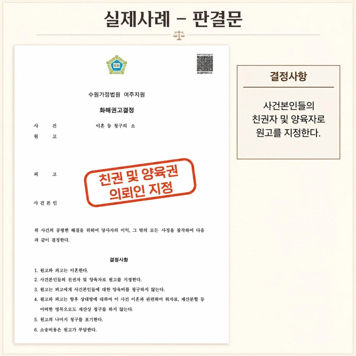 실제 이혼 판결문 예시 이미지로, 원고가 사건본인의 친권자 및 양육자로 지정되었다는 결정 