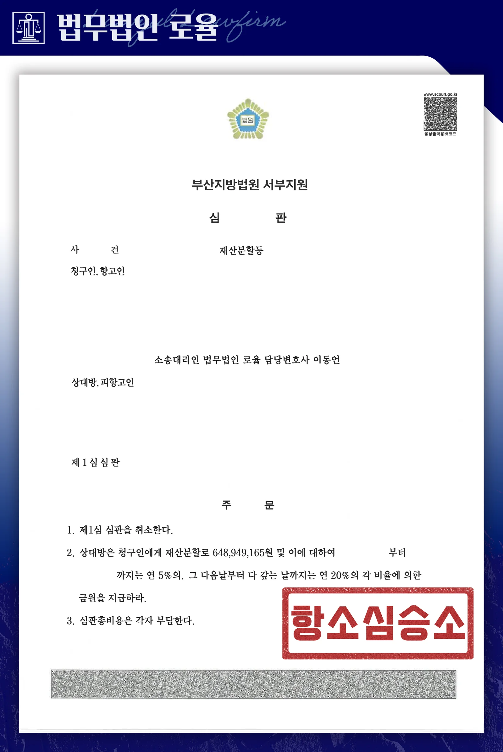 이혼 후 별도 재산분할 소송으로 6억 4,800만 원 확보 사례 - 판결문/결정문