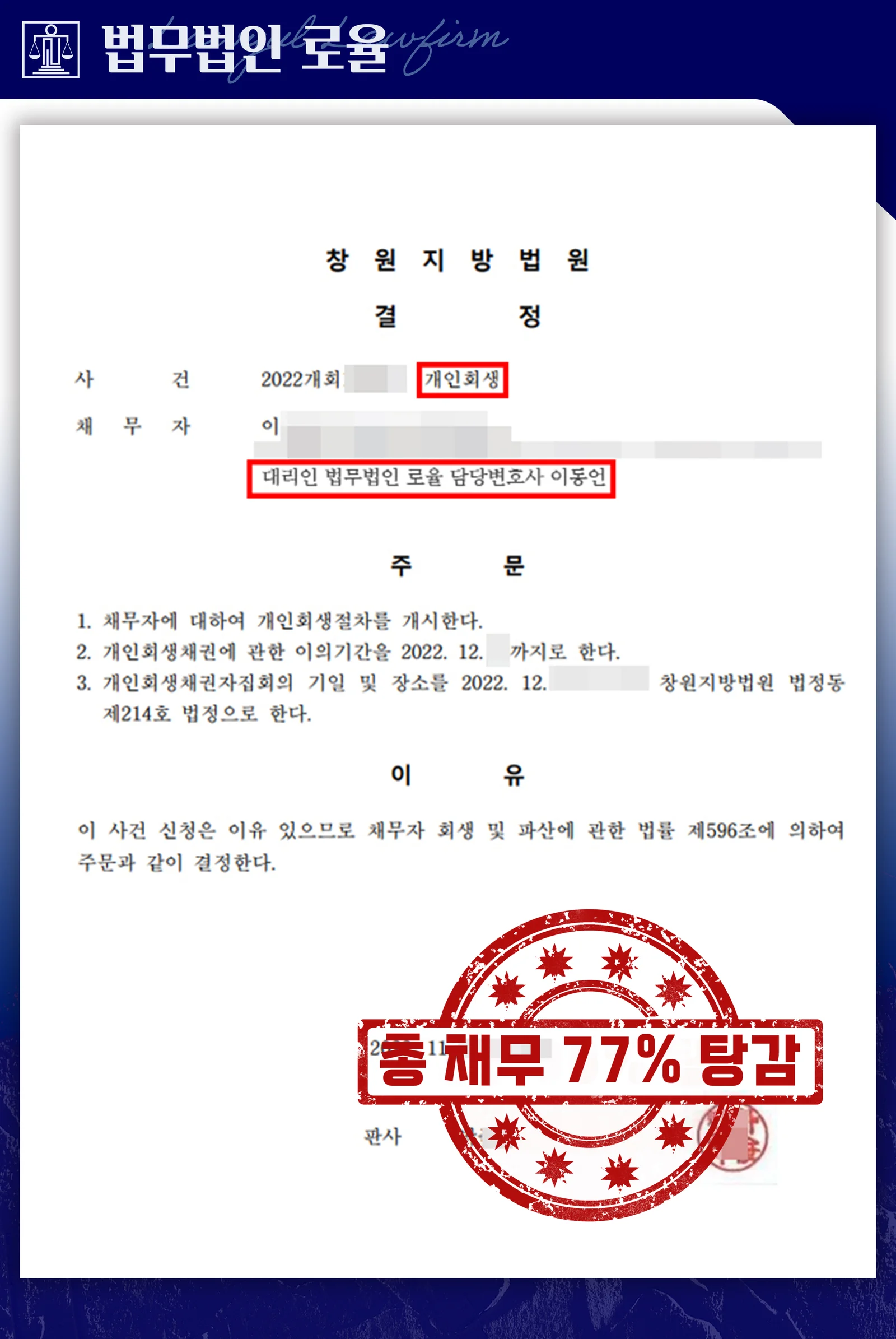 개인사업자 경기악화 채무, 1억 3천만 원 중 77% 탕감 성공 - 판결문/결정문